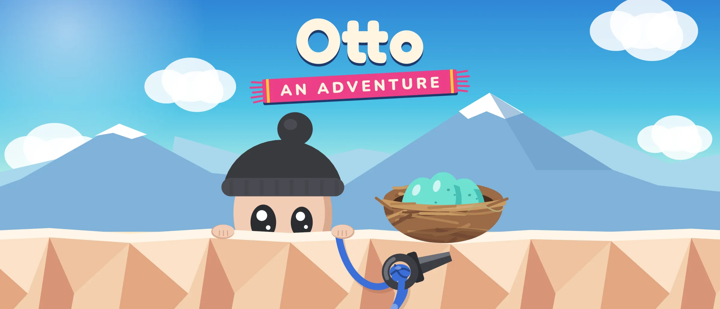 Otto in his woolly hat peeks over a sandstone ledge beside a nest of blue eggs, under the Otto - an adventure logo and snowy mountains